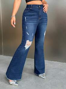 SHEIN ICON Y2K 女款蓝色弹力破洞高腰紧身喇叭牛仔裤 - 藍色 - 查看 5