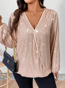 Celure Kích thước lớn Cổ chữ V Tay áo dài Kim sa Áo sơ mi - Màu be - Xem 5