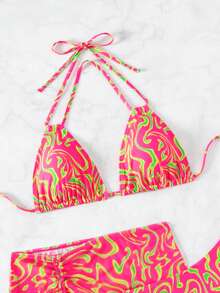 Bộ bikini in họa tiết đá cẩm thạch + váy đi biển có dây rút, cho kỳ nghỉ hè - Nhiều màu - Xem 6