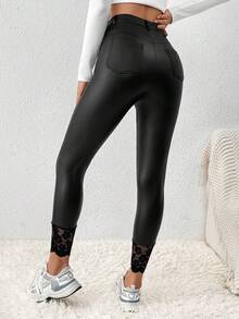 SHEIN Frenchy 蕾絲邊 Pu 皮革緊身褲 - 黑色 - 查看 2