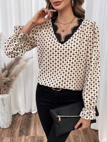 SHEIN Frenchy Printed Geometric Lace Splicing Ruffled Sleeve Blouse - Apricot - View 4