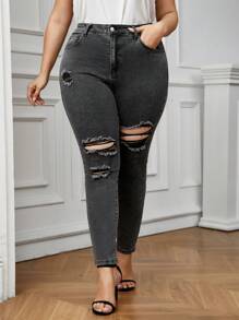 Plus Size Distressed Skinny Jeans - Grey - View 3