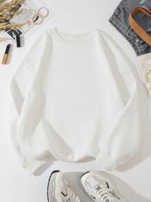 SHEIN EZwear 女款字母印花落肩套頭衫 - 白色 - 查看 3