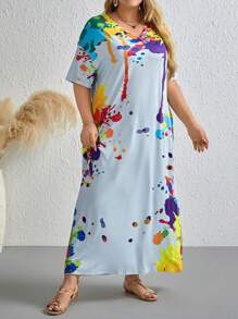 LONESS Plus Graphic Print Hidden Pocket Tee Dress - Multicolor - View 5