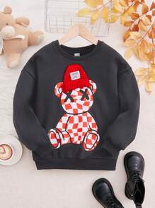 SHEIN Tween 女童宽松运动 3D 泰迪熊印花羊毛卫衣 - 灰色 - 查看 2