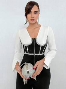 SHEIN Privé Women'S Rhinestone Embellished Contrast Color 2 In 1 Jumpsuit