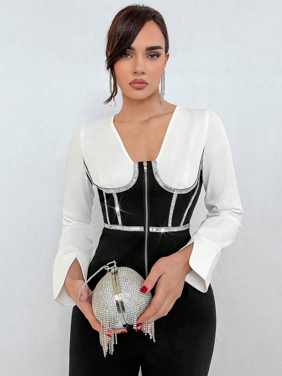 SHEIN Privé Women'S Rhinestone Embellished Contrast Color 2 In 1 Jumpsuit