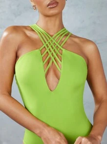 SHEIN BAE Solid Color Cross Straps Bodycon Bodysuit With Thin Straps For Summer Streetwear - Green - View 4