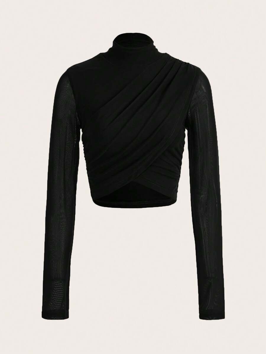 SHEIN MOD Top De Manga Larga Con Cuello Medio Alto En Color Sólido - Negro - Ver 1