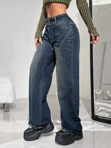 SHEIN ICON 女裝休閒復古喇叭褲 - 藍色 - 查看 5