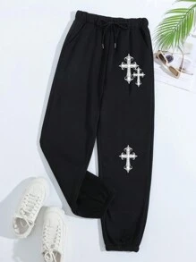 INAWLY Cross Print Sweatpants Graduation,Back To School Outfits,Graduation,Teacher Outfits For Women,Back To School Fall Cloth For Women - Black - View 6