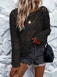 SHEIN LUNE Maglione a costine in maglia tinta unita, scollo a goccia, maniche lunghe