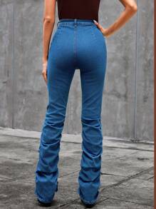 SHEIN Essnce Women's Denim Pants With Folded Hem - Medium Wash - View 2
