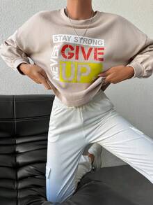 EURMUSE Women's Casual Slogan Print Crew Neck Sweatshirt, Autumn/Winter - Beige - View 5