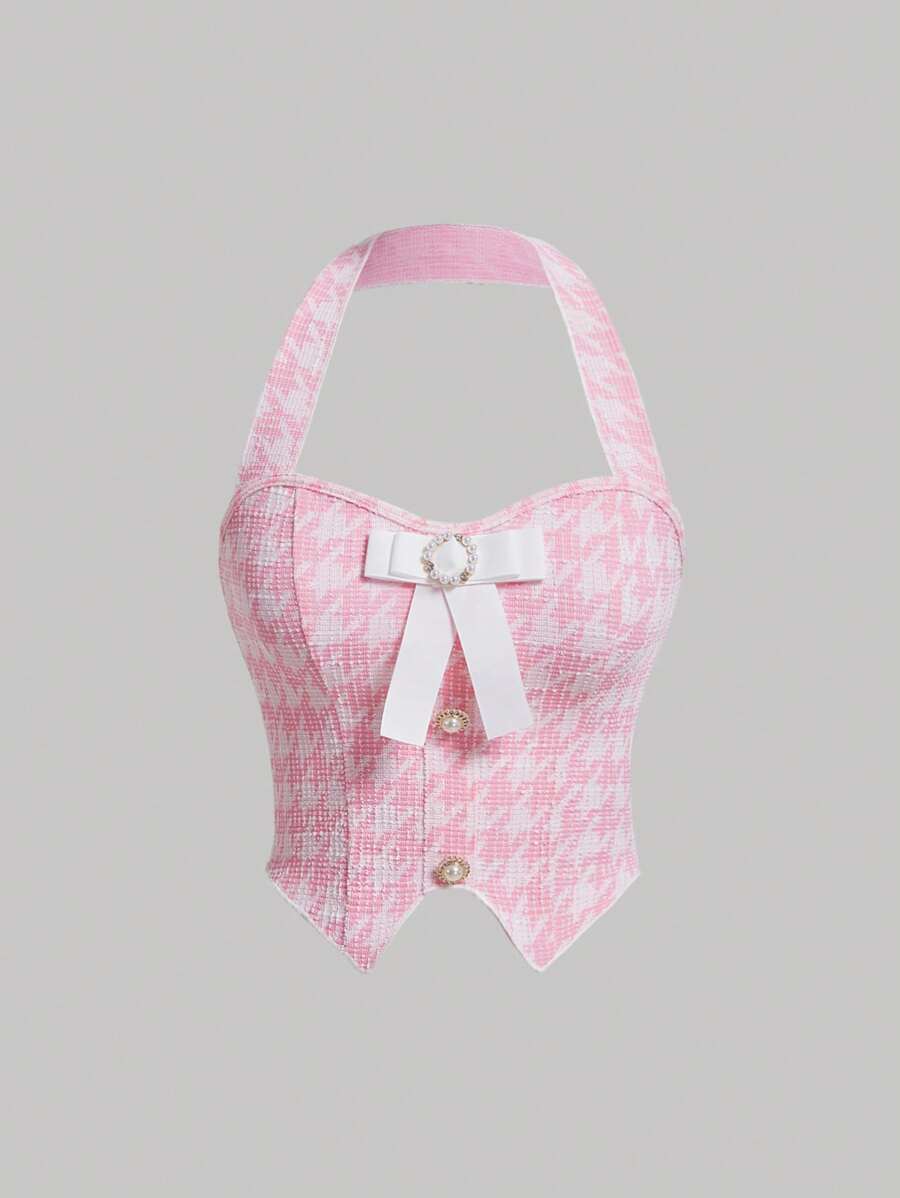 SHEIN MOD Women's Houndstooth Bow Decorated Halter Neck Top