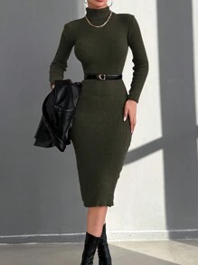 RueChic Enges Strickkleid Mit Hohem Halsausschnitt Für Damen - Dunkelgrau - Übersicht 4