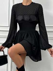 RueChic Mesh Joint Lantern Sleeve Ruffle Edge Party Dress - Black - View 3