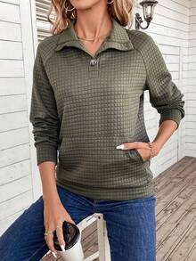 SHEIN LUNE Solid Color Raglan Sleeve Sweatshirt - Army Green - View 6