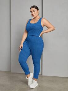 SHEIN Essnce Plus Size Solid Color Ribbed Leisure Suit - Royal Blue - View 6