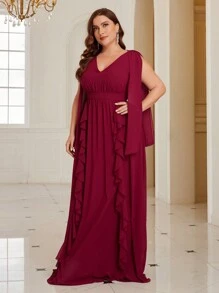 SHEIN Belle 大尺碼荷葉邊v領伴娘禮服 - 酒紅色 - 查看 5