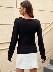 SHEIN Clasi Faux Pearl Beaded Knit Pullover Fall Winter Sweater - Black - View 2