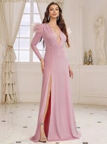 SHEIN Belle Women's Patchwork Turkey Feathers Split Hem Evening Dress With Heavy Work - Pink - View 1