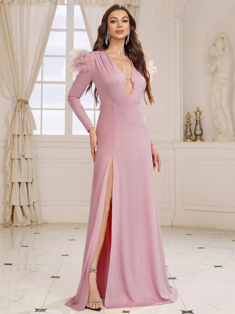 Women's Patchwork Turkey Feathers Split Hem Evening Dress With Heavy Work