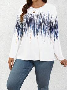 SHEIN LUNE Printed Loose Fit Plus Size Round Neck Long Sleeve T-shirt - White - View 5