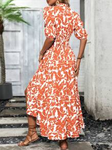 SHEIN LUNE Plant Printed V-Neck Split Hem Dress Maxi Women Outfit - Orange - View 2