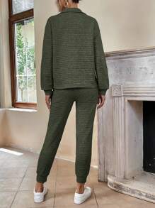 SHEIN LUNE Zippered Half Placket Hoodie And Pants Set - Army Green - View 2
