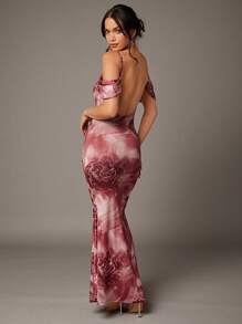 SHEIN BAE 情人节红玫瑰印花褶皱露肩美人鱼长裙 - 紅色 - 查看 1