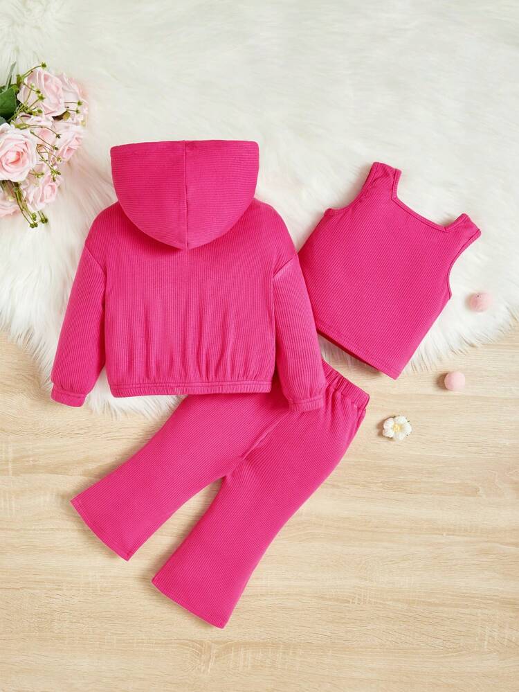 Baby Girls' Casual Knitted Solid Color Vest Hooded Coat And Split Pants 3pcs Outfits
