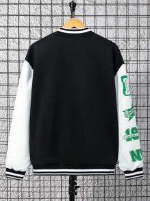 SHEIN Con trai Lỏng lẻo Tiếng Anh Mẫu Khối màu Áo khoác bóng chày - Đen và trắng - Xem 2