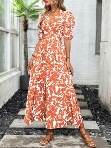 SHEIN LUNE Plant Printed V-Neck Split Hem Dress Maxi Women Outfit - Orange - View 3
