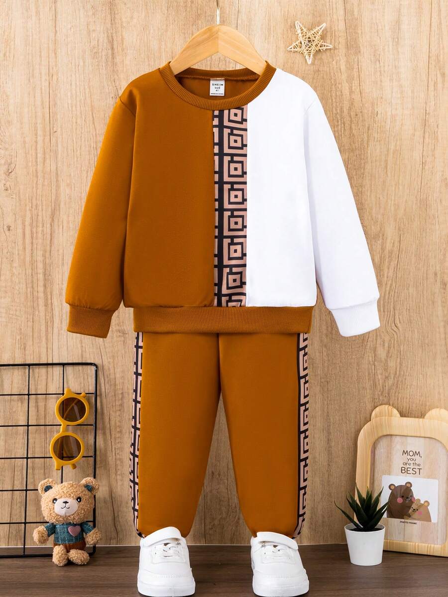 SHEIN Bé trai Khối màu Hình học Mô hình Tay áo dài Áo Và Quần Hai chiếc Bộ Đối với Mùa Thu /đông - Nhiều màu - Xem 1