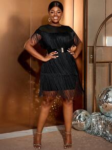 Plus Size Women Fringe Cap Sleeve See Through Mesh Top Black Dress Tassel Festival Party Birthday Graduation Dinner Homecoming Dresses Wedding Guest Cocktail Dress - Black - View 2