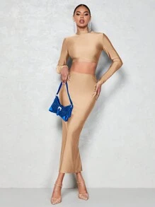 SHEIN BAE Stand Collar Long Sleeve Cropped Top And Skirt 2pcs/Set - Apricot - View 3