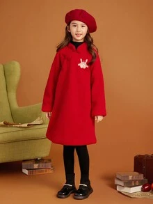 Tween Girls' Fashionable Graffiti Embroidery Sherpa Lined Qipao Dress With Buttons, Autumn Style