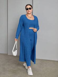 SHEIN Essnce Plus Size Solid Color Ribbed Leisure Suit - Royal Blue - View 5