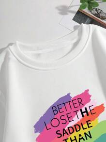 SHEIN EZwear 圖案印花圓領休閒衛衣,下垂式肩膀設計 - 白色 - 查看 5