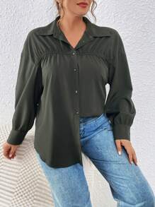 SHEIN Essnce Camisa De Manga Larga De Color Liso De Talla Grande - Verde Oscuro - Ver 5