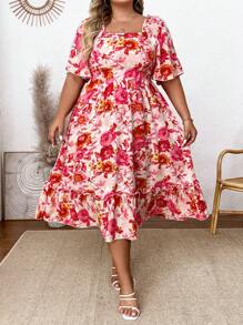 SHEIN CURVE+ Vestido Romántico De Talla Grande Para Las Vacaciones Con Diseño Floral Y Dobladillo De Volantes - Rosa - Ver 4