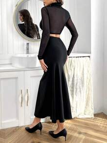 SHEIN Privé 網片拼接搭扭結短上衣和人魚裙裝套裝 - 黑色 - 查看 2