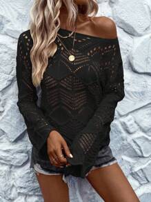 SHEIN LUNE Maglione a costine in maglia tinta unita, scollo a goccia, maniche lunghe