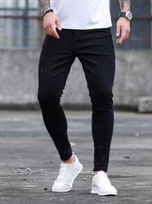 Manfinity Homme Jeans de algodón para hombre con efecto de arañazos de gato, corte skinny, look liso, ajuste delgado, jeans largos de color negro lavado, jeans cargo lisos, para regalos a esposo o novio - Negro - Ver 1