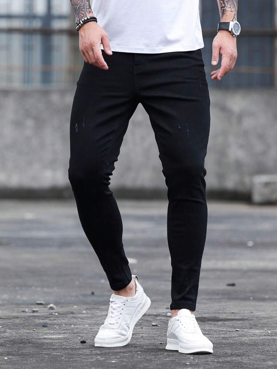 Manfinity Homme Jeans de algodón para hombre con efecto de arañazos de gato, corte skinny, look liso, ajuste delgado, jeans largos de color negro lavado, jeans cargo lisos, para regalos a esposo o novio - Negro - Ver 1