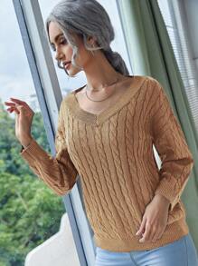 SHEIN LUNE 女士V领爱心圣诞图案毛衣，适合机场/工作/旅行，冬季圣诞毛衣 - 卡其色 - 查看 5