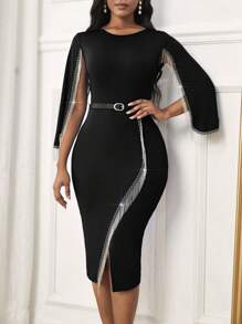 SHEIN Clasi Women's Slim Fit Bodycon Dress With Side Slit Sleeves, Rhinestone Fringe Details - Black - View 1