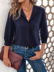 SHEIN LUNE Solid Color Lantern Sleeve Shirt - Navy Blue - View 5