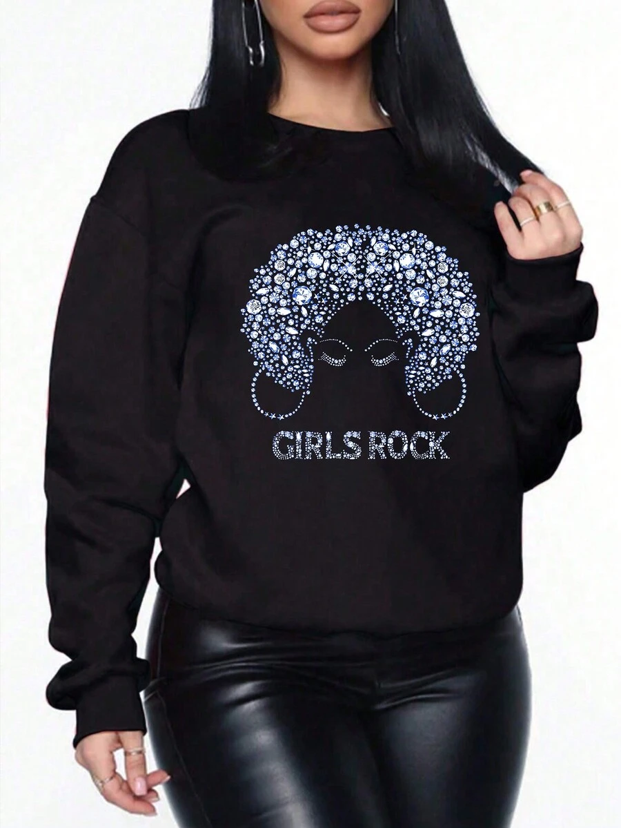 SHEIN LUNE Kích thước lớn In Vòng cổ Giải trí Áo nỉ - màu đen - Xem 1